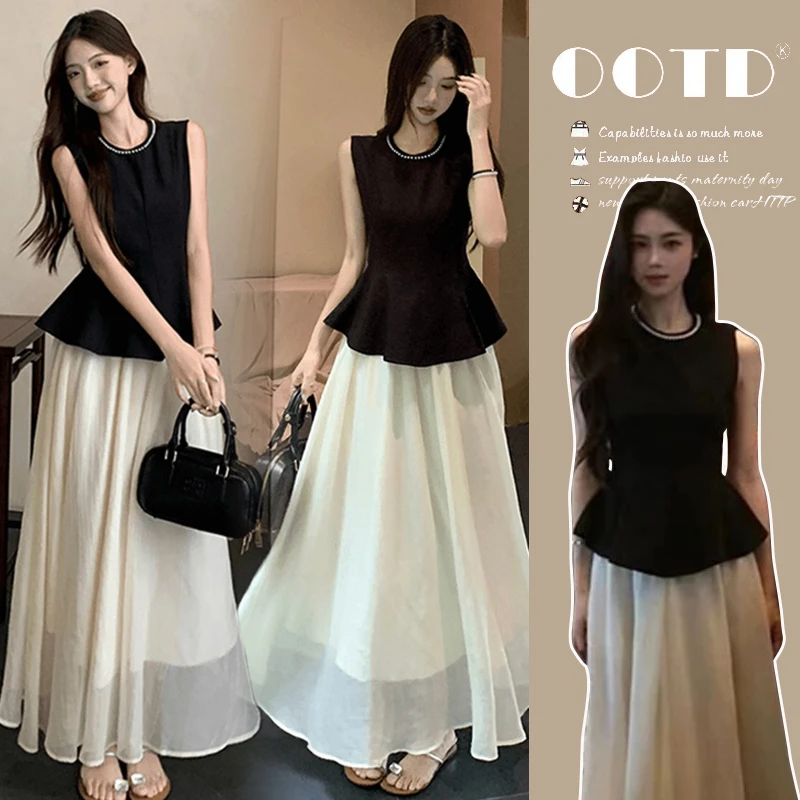 夏季新款孕妇套装时尚气质法式小众圆领钉珠背心上衣显瘦半身裙子
