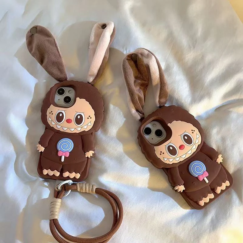 【苹果棕色毛绒耳朵拉布硅胶手机壳适用苹果iphone16promax15一体1