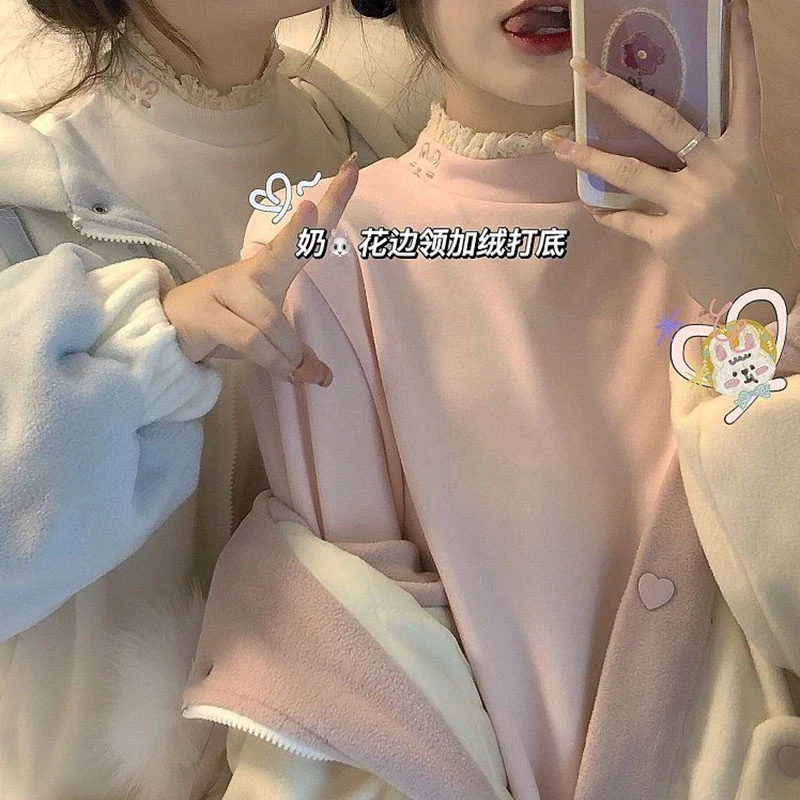 韩系穿搭蕾丝花边半高领德绒长袖T恤女秋冬季修身内搭打底衫上衣