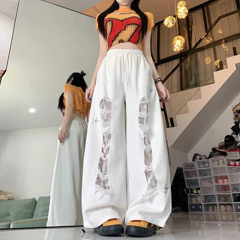 街舞潮牌贴布破洞薄款牛仔裤女设计感爵士辣妹显瘦宽松休闲裤潮