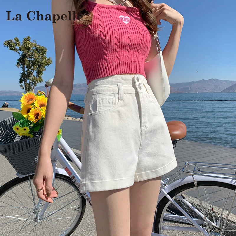 拉夏贝尔浅色阔腿牛仔短裤女2025新款夏季高腰显瘦辣妹a字热裤子