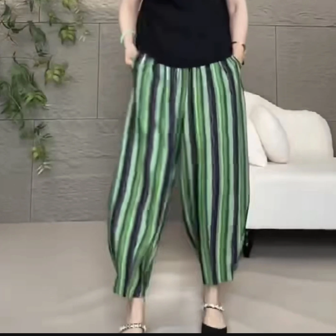 夏季新款时尚条纹哈伦裤宽松高腰透气显瘦休闲裤