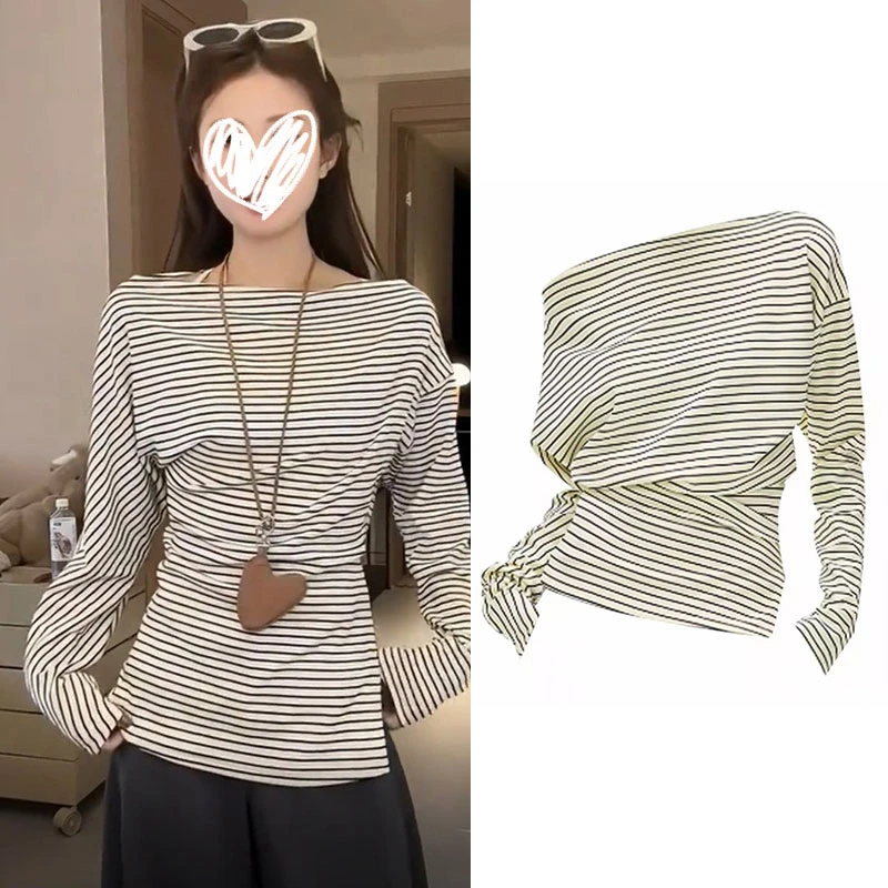 法式不规则斜肩露肩撞色条纹长袖恤2025早秋新款修身开叉女上衣潮