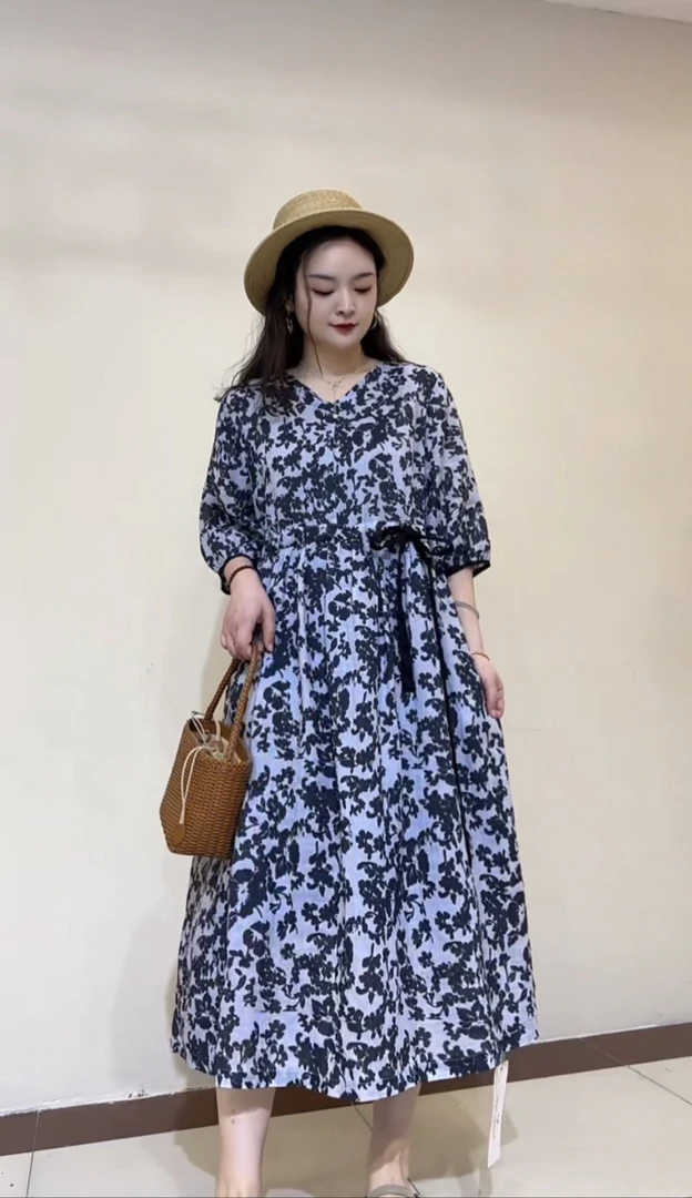 【写意丹青】西缺纯苎麻女装连衣裙春夏印花收腰显瘦v领复古时尚