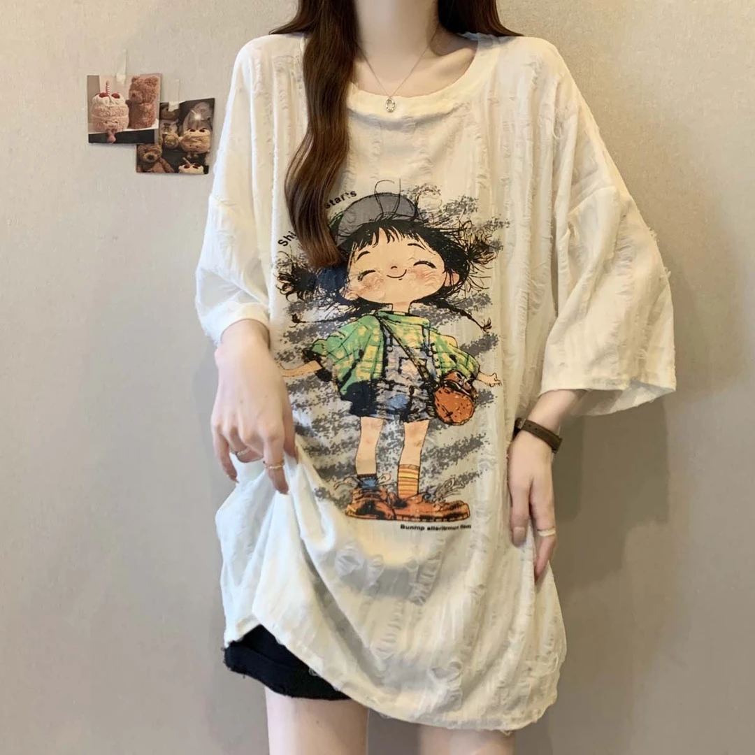 大码做旧破洞彩绘印花短袖t恤女2025春夏新款宽松显瘦时尚上衣女