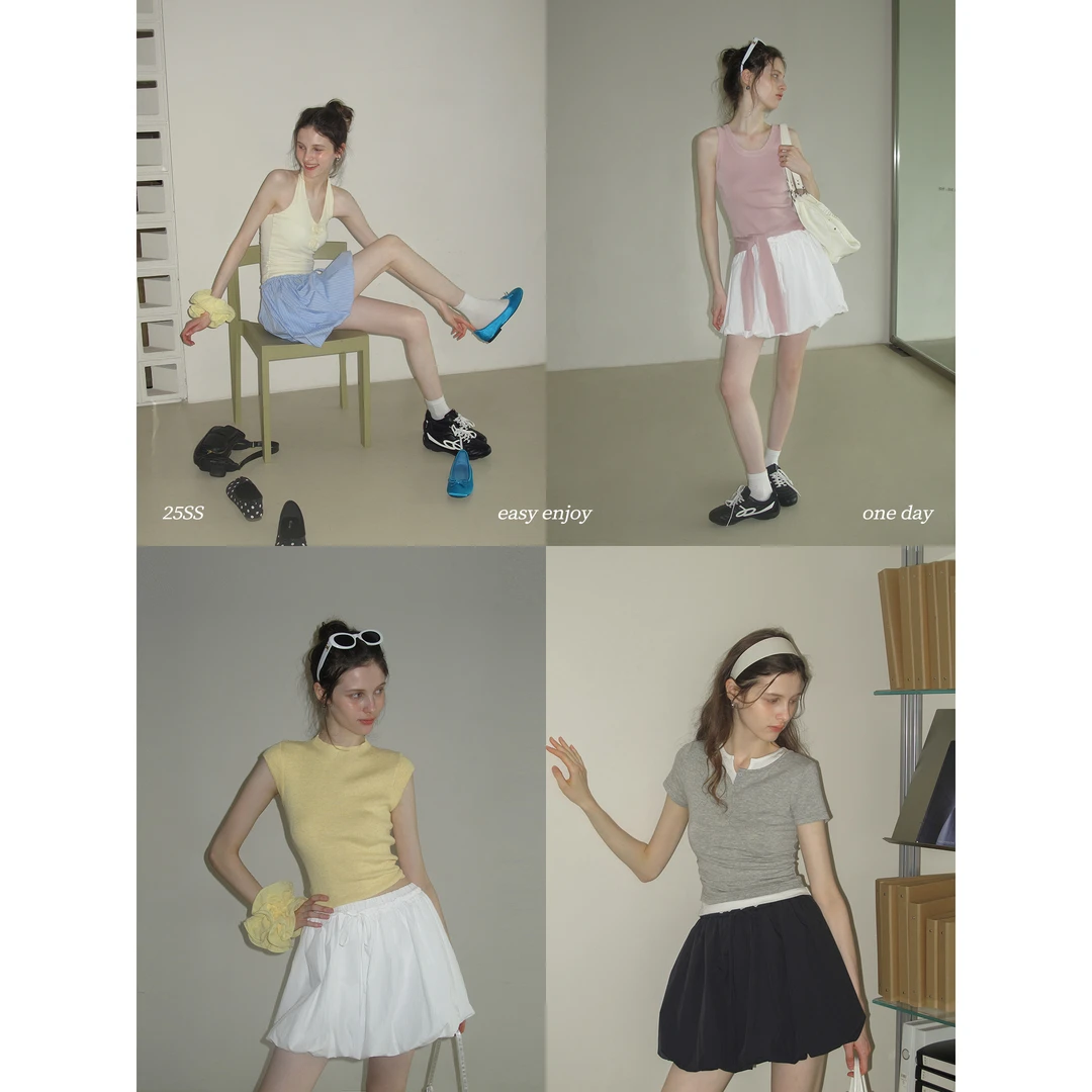 EGGKA 高腰芭蕾风气质显瘦女夏季百搭休闲花苞半身裙 E25B3724BK