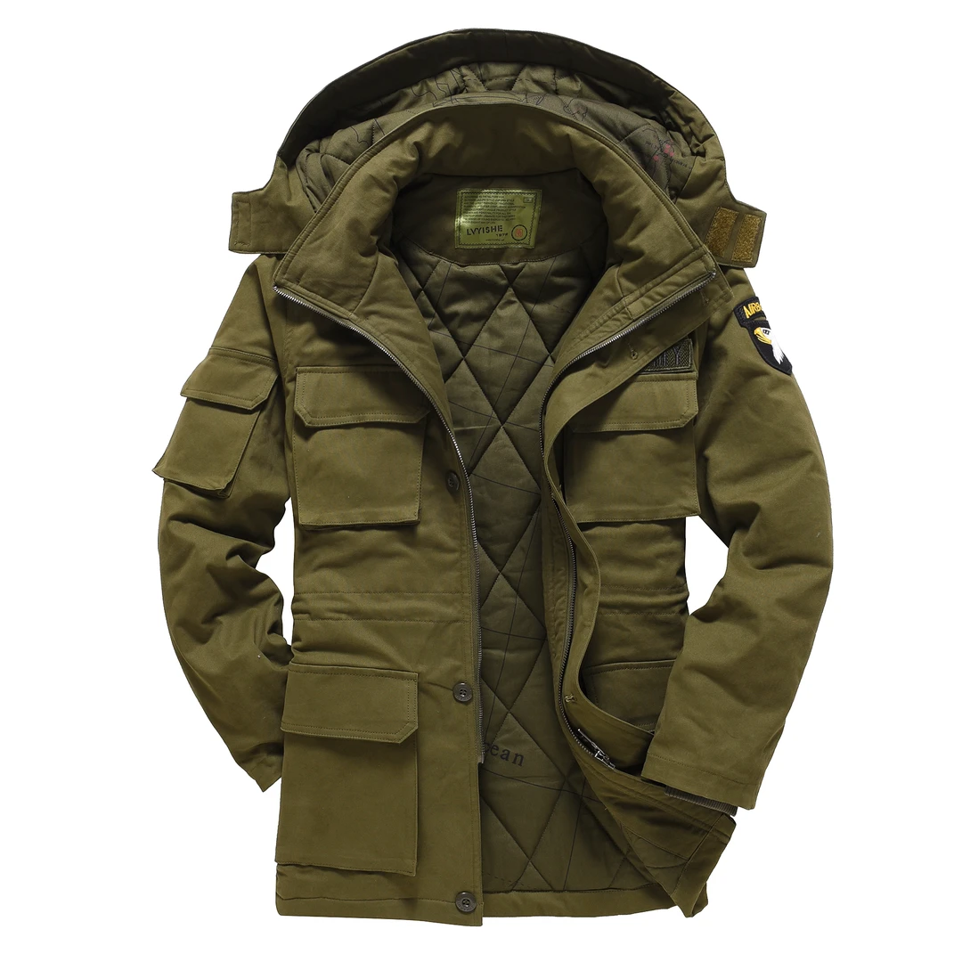 男士户外中长款迷彩耐磨多口袋可拆卸帽保暖棉风衣加厚防寒外套