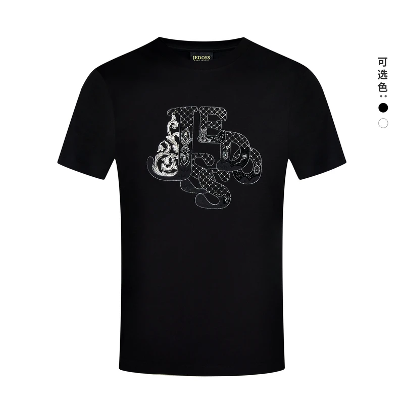 JEDOSS/爵迪斯2025夏季新款男士烫钻珠子胶印圆领短袖T恤半袖M304