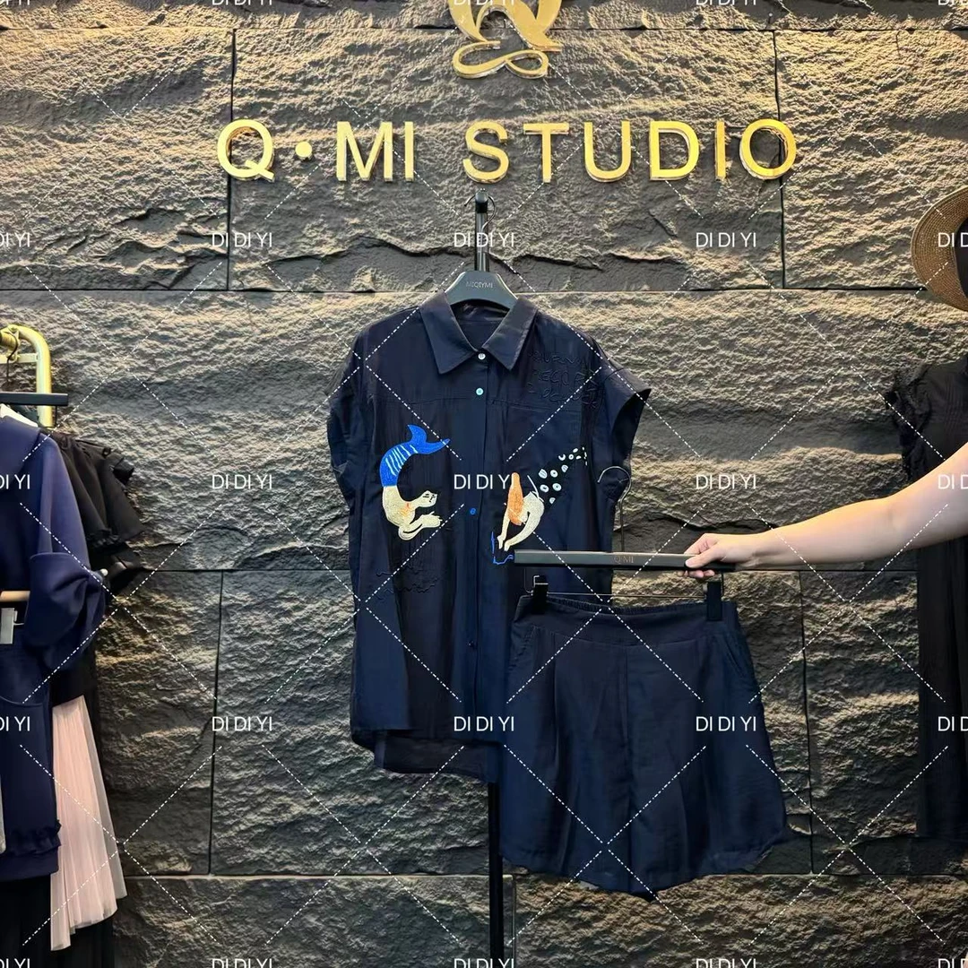 2025原创大码高定设计款藏蓝色美人鱼图案高级休闲显瘦套装25093