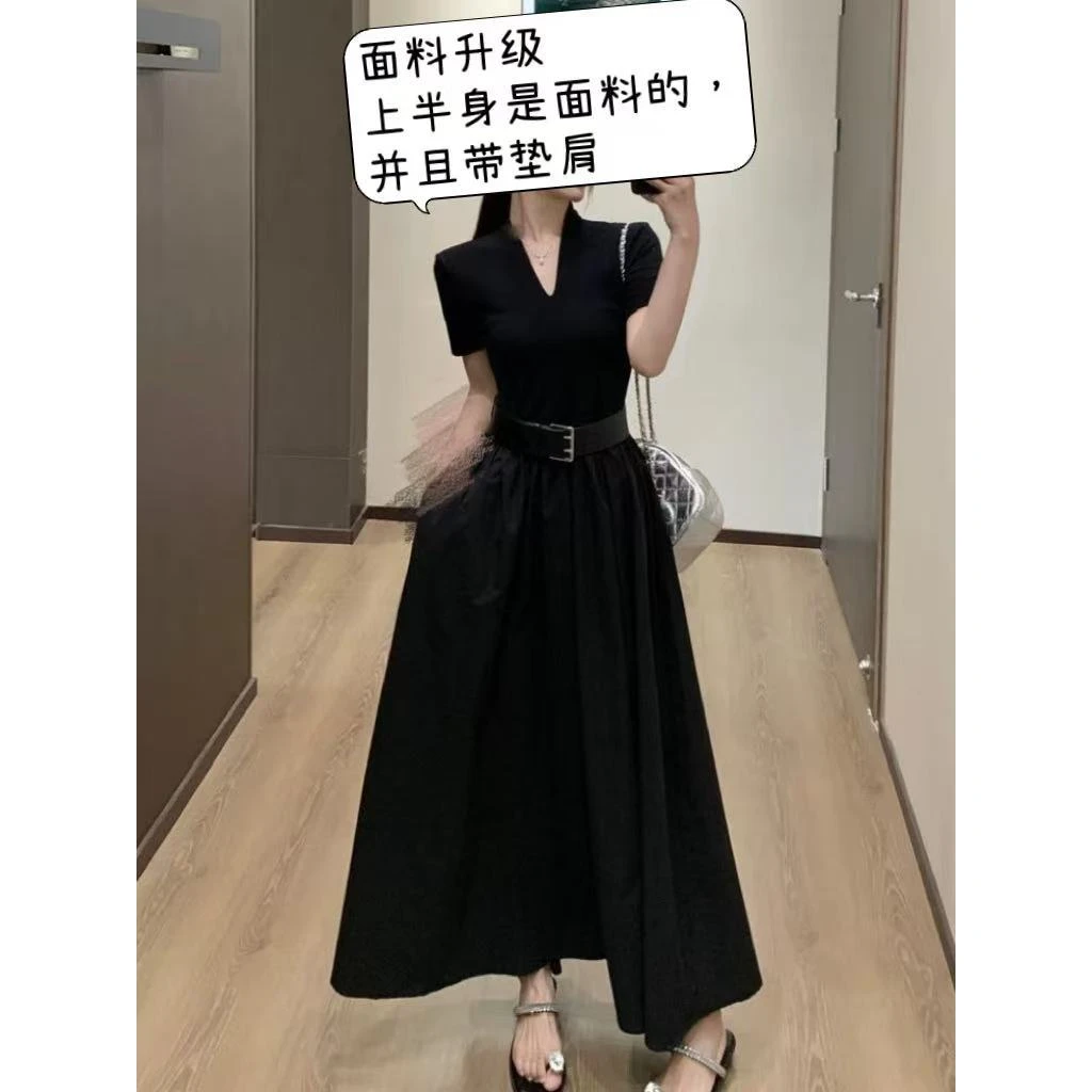 依二一推荐夏高级感黑色连衣裙松紧腰大摆裙气质长裙8925+8925-1
