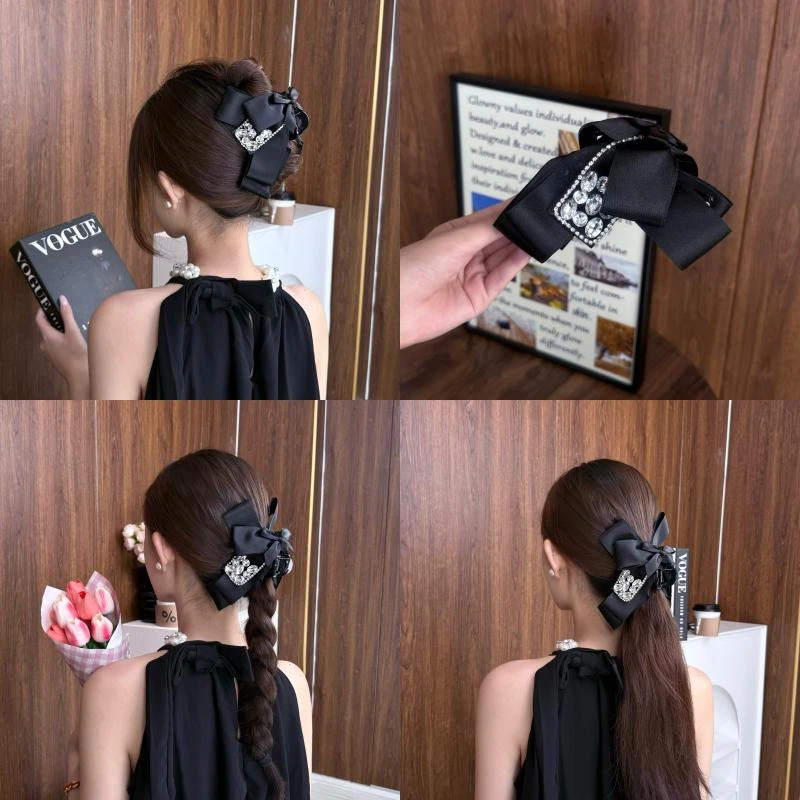 蝴蝶结鲨鱼夹网红时尚后脑勺夹子发饰轻奢黑色头饰优雅镶钻抓夹