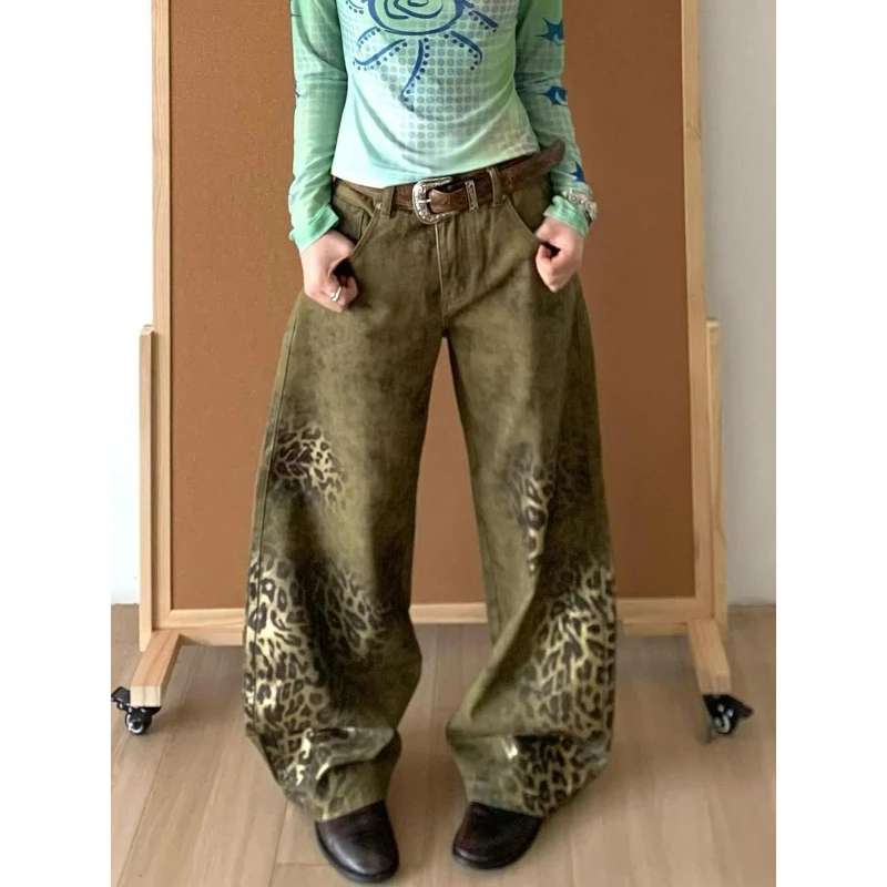 美式复古大码水洗豹纹烫金弯刀牛仔裤女街头宽松阔腿垂感长裤子潮
