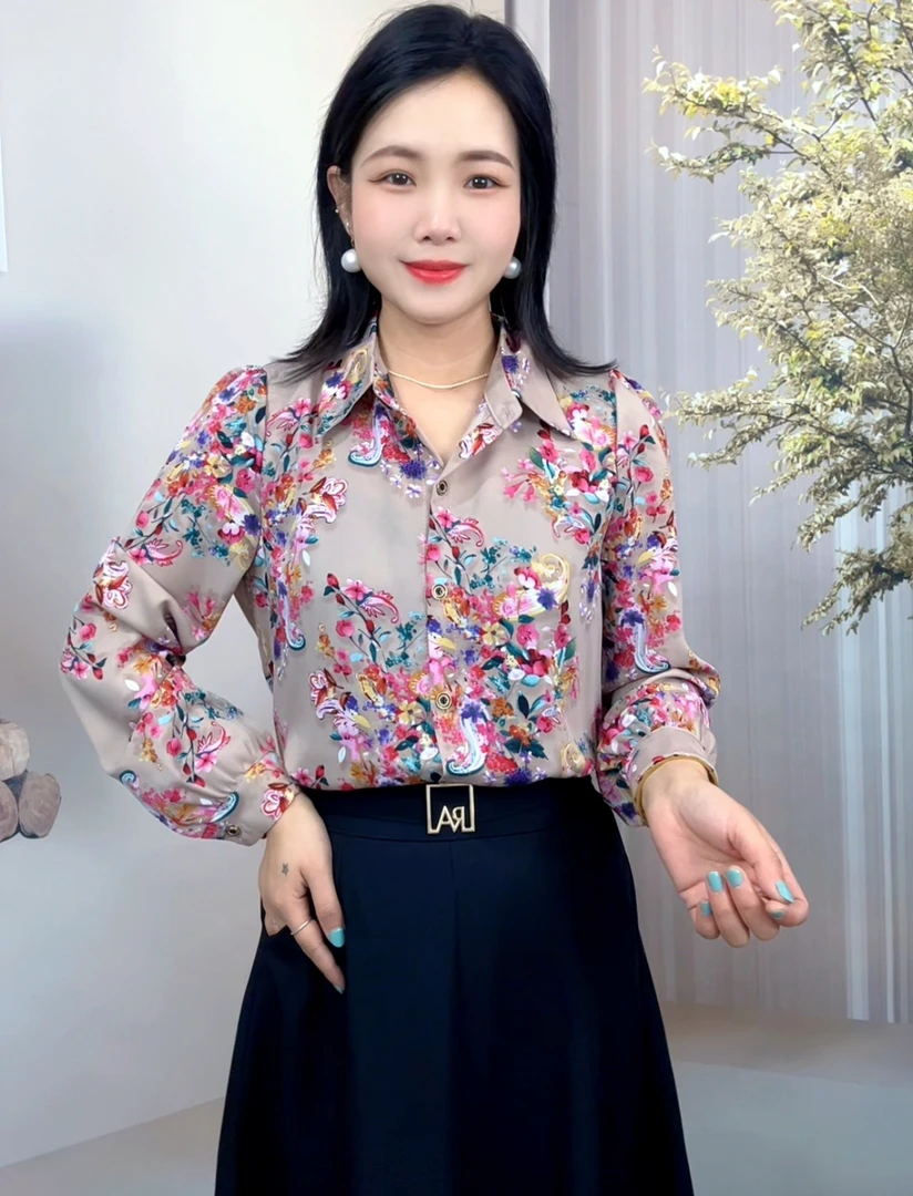 碎花上衣长袖女2025春季新款长袖衬衫女显瘦遮肉开衫气质衬衣洋气
