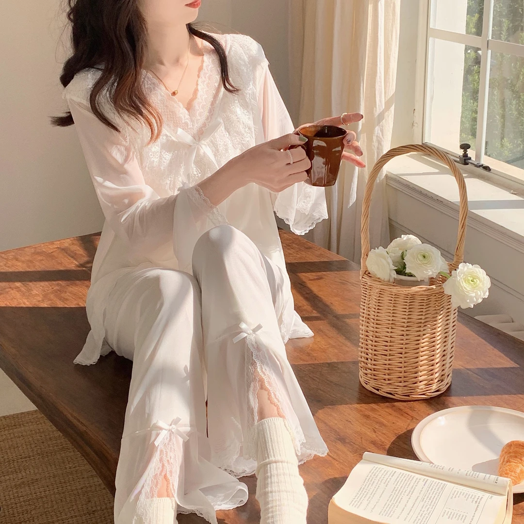 新款春秋宫廷风长袖长裤蕾丝花边甜美公主风小仙女休闲两件套装女