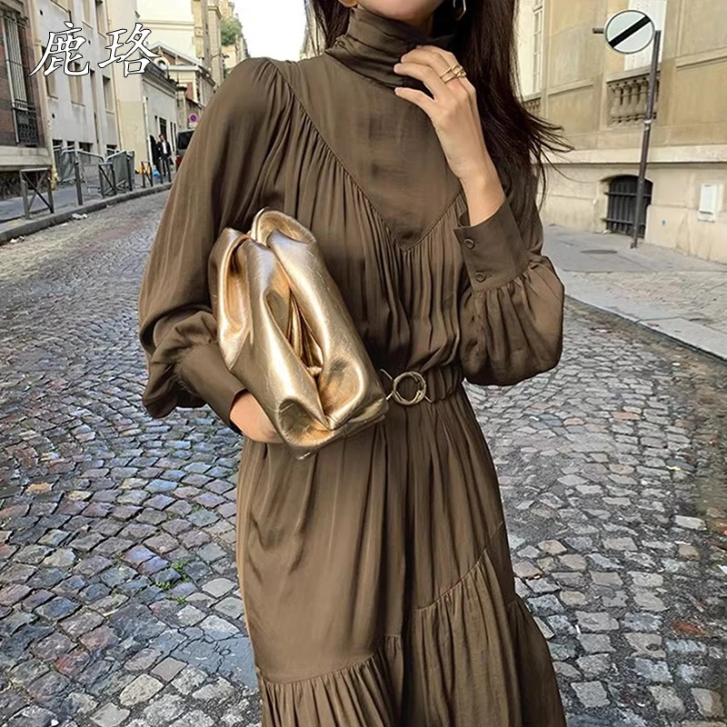 韩国chic秋季复古气质高领拼接褶皱设计收腰显瘦长袖打底连衣裙女