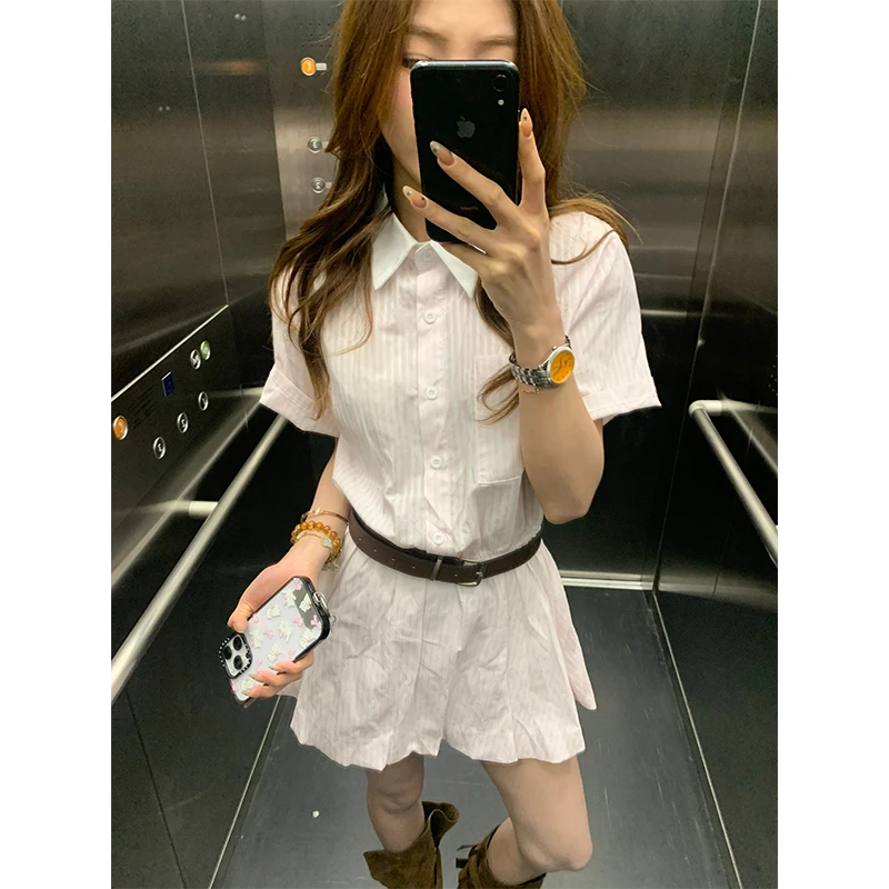 连衣裙夏季女白色学院风条纹短袖衬衫简约气质收腰花苞小个子短裙