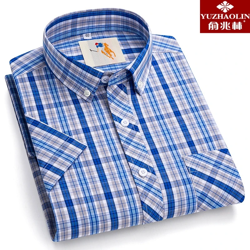 YUZHAOLIN/俞兆林纯棉牛津纺男短袖格子时尚通勤新款夏季高档衬衣