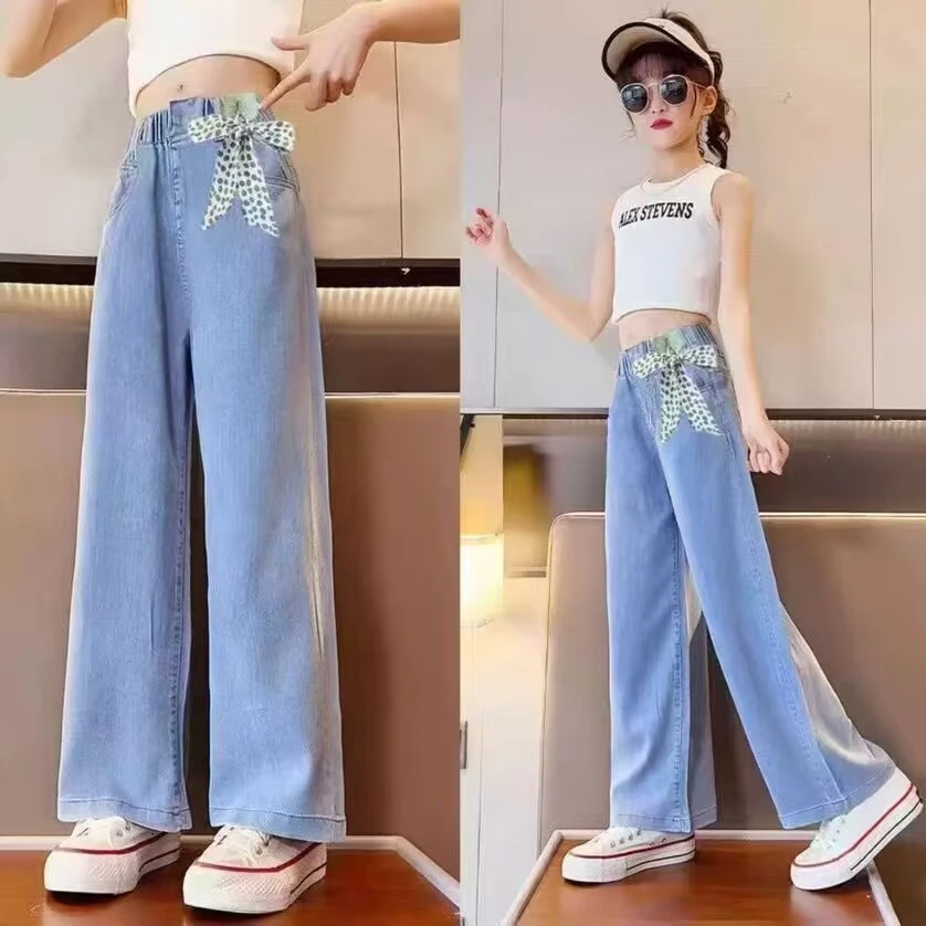 女童裤子夏季薄款2025新款女大童夏天阔腿裤初中生女孩天丝牛仔裤