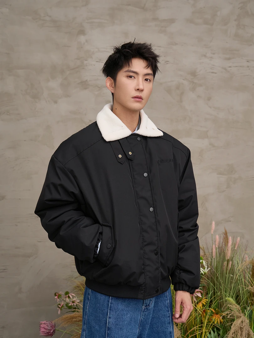 花村野羊设计师美式街头巴恩风秋冬夹棉棉衣羊羔领保暖夹克外套