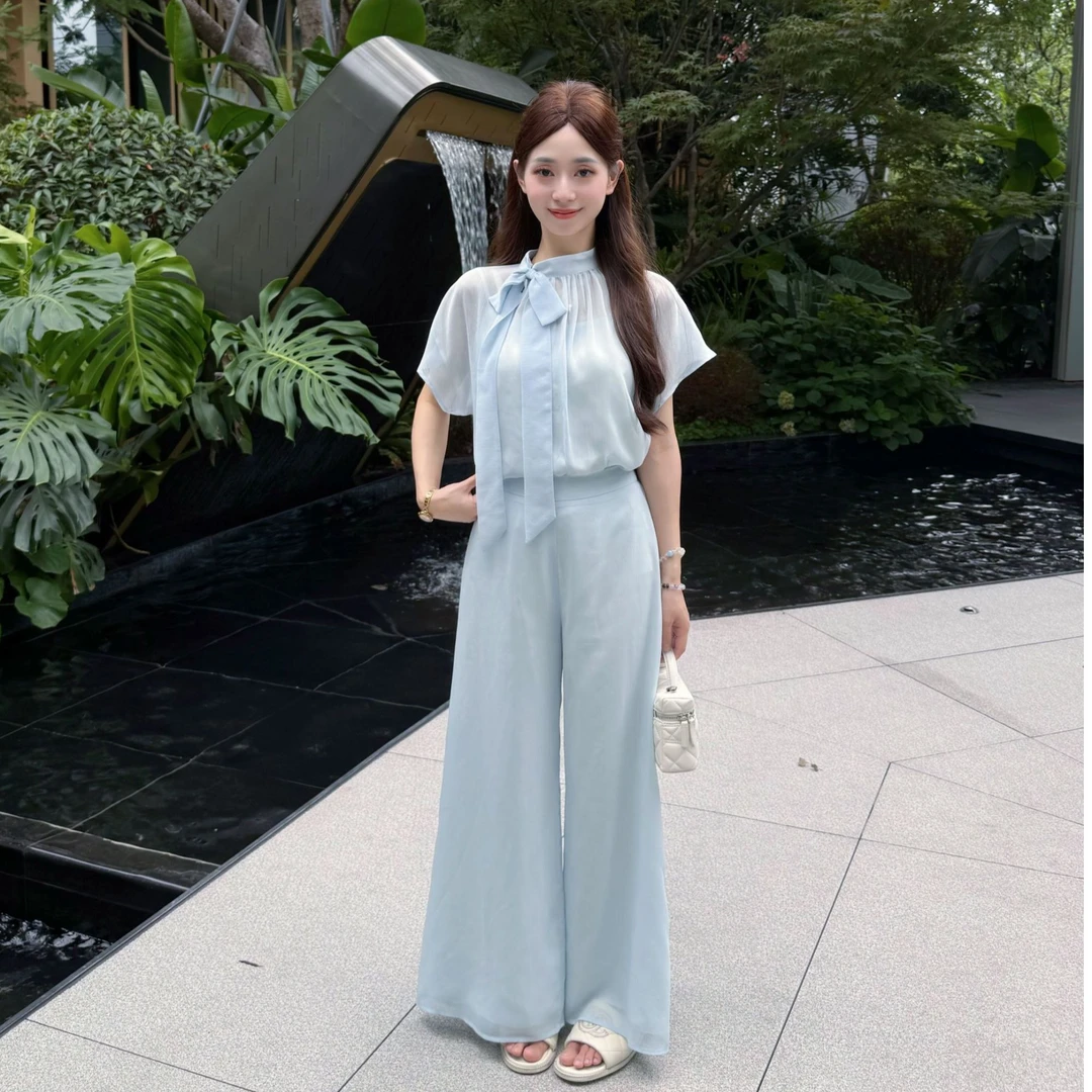 2025小个子夏法式显瘦高级感欧若风上衣高腰阔腿裤套装ZYM25603