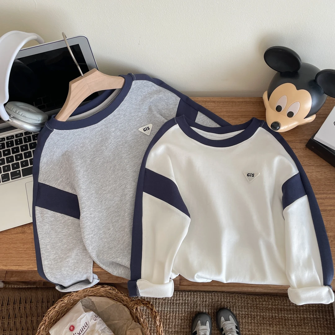 长袖百搭男童春秋韩版休闲百搭字母圆领T恤上衣休闲拼色长袖童装