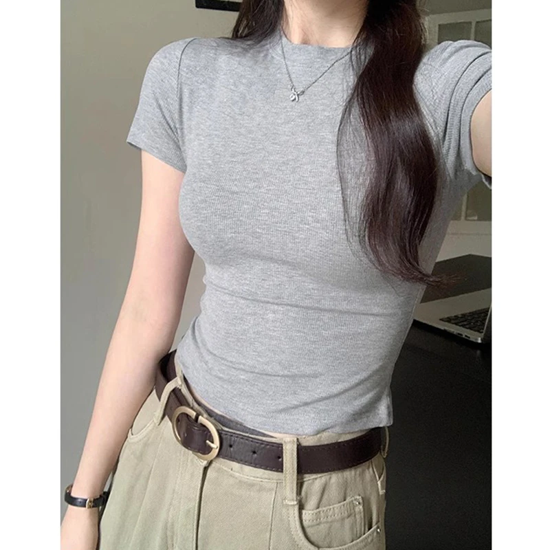 韩系灰色圆领短袖正肩T恤女夏季新款辣妹修身显瘦半袖短款上衣