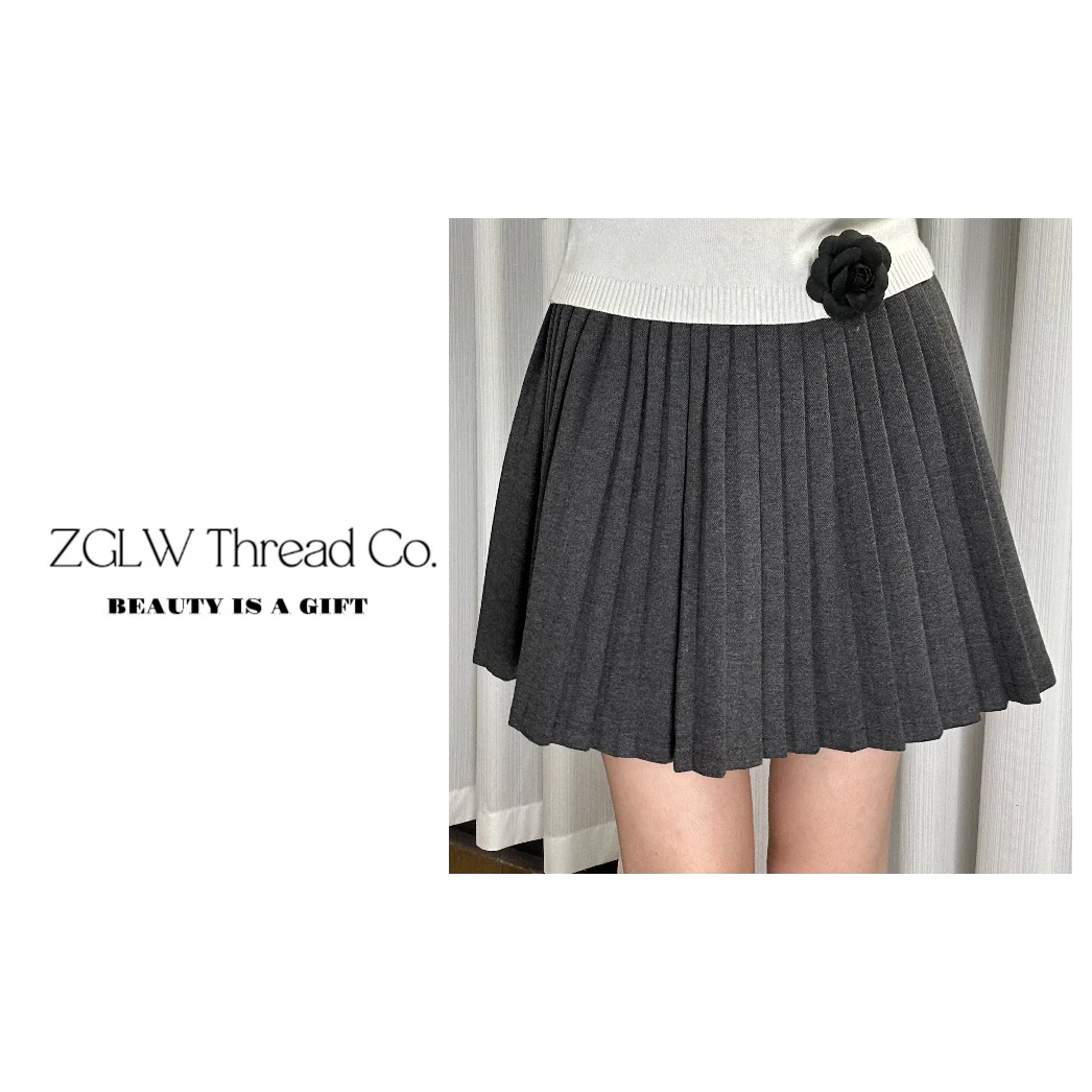 ( ZGLW ) 喵系灰色百褶高腰纯棉半身裙