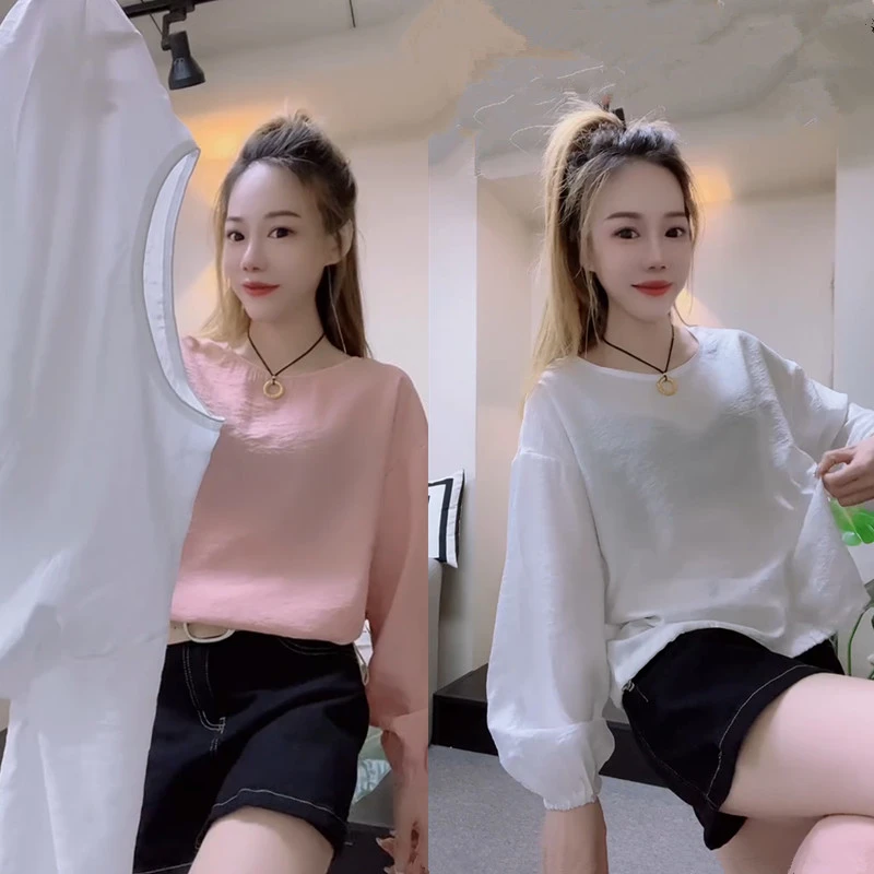 网红爆款时尚减龄宽松显瘦纯色拼接上衣女气质百搭简约通勤T恤潮