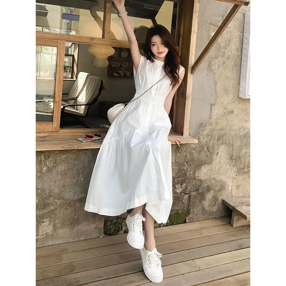 淳启白色无袖连衣裙女夏季新款法式气质收腰显瘦初恋温柔风衬衫裙