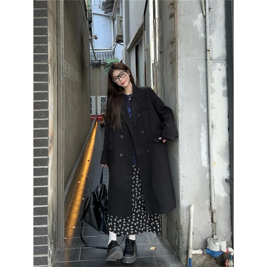 赫本风西装毛呢外套女秋冬新款气质复古显瘦小个子中长款过膝大衣