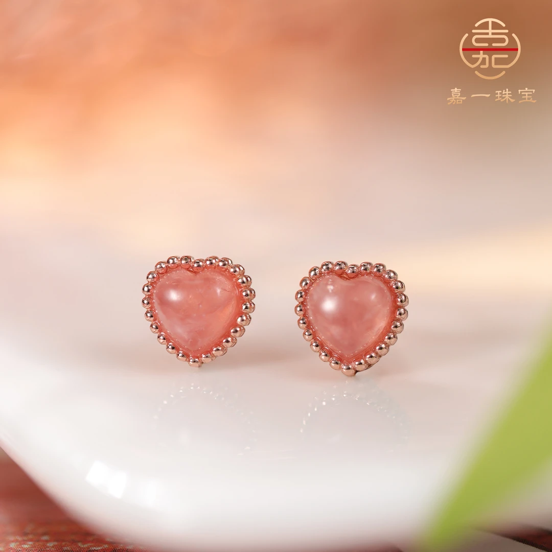 【嘉一珠宝】天然冰种红纹石爱心蛋面耳钉小众珠宝饰品（多样性发一）