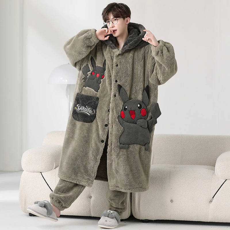 男士睡衣秋冬季珊瑚绒加厚加绒卡通连帽长款大码青少年家居服套装