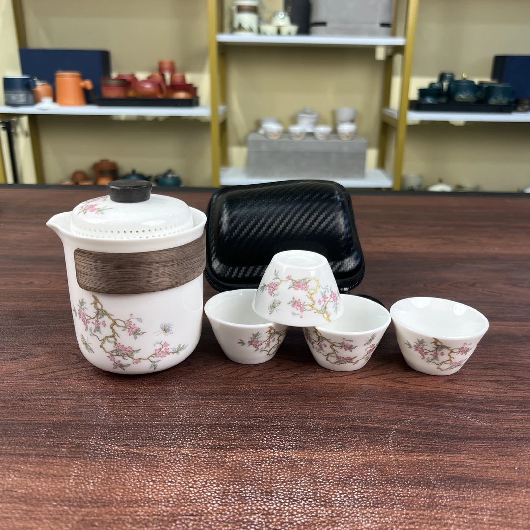 Z1328羊脂玉/紫藤花凌雪壶+4斗笠杯/小黑包
