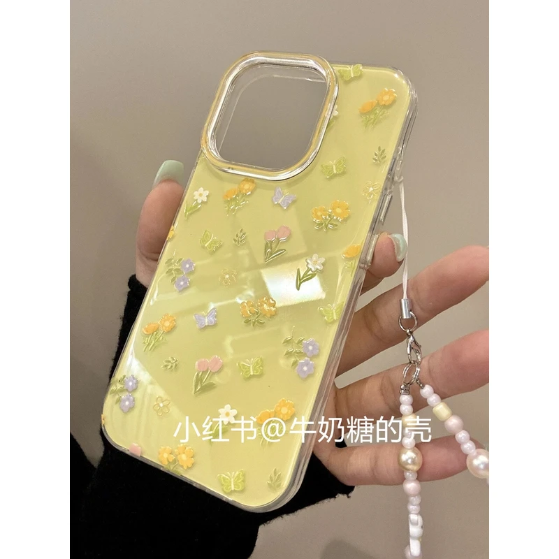 小清新满屏花朵蝴蝶枝叶黄底适用16Promax手机壳13保护套15少女14