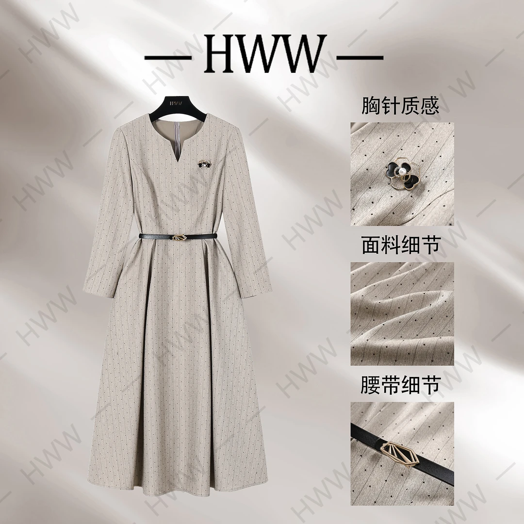 HWW设计款烫钻燕麦色时尚收腰显瘦连衣裙DHZFF50251