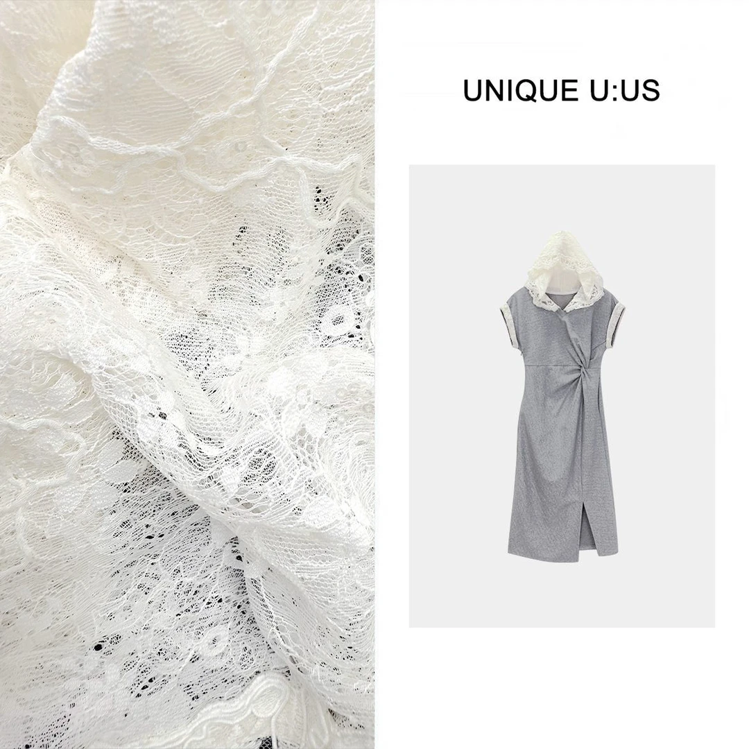 UNIQUE U:US春季新蕾丝兜帽飞飞袖高级灰显瘦百搭连衣裙-250600曼