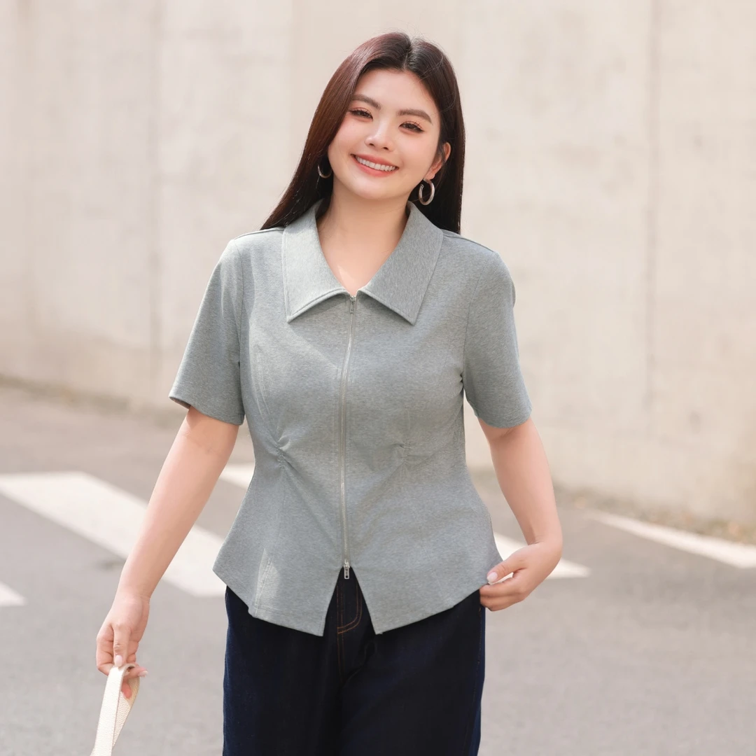 【双拉链polo领短袖T恤女】MsShe大码女装2025夏季显瘦上衣S2503014