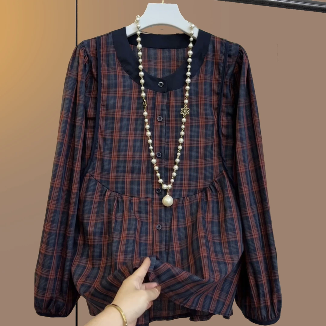 早秋季大码女装胖妹妹气质显瘦宽松时尚减龄百搭上衣红色格子大衫