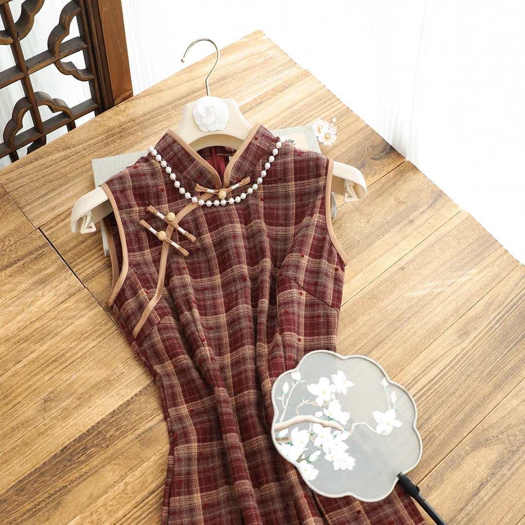 俏娘鱼复古改良新中式无袖格子旗袍女2025秋季新款日常可穿年轻款