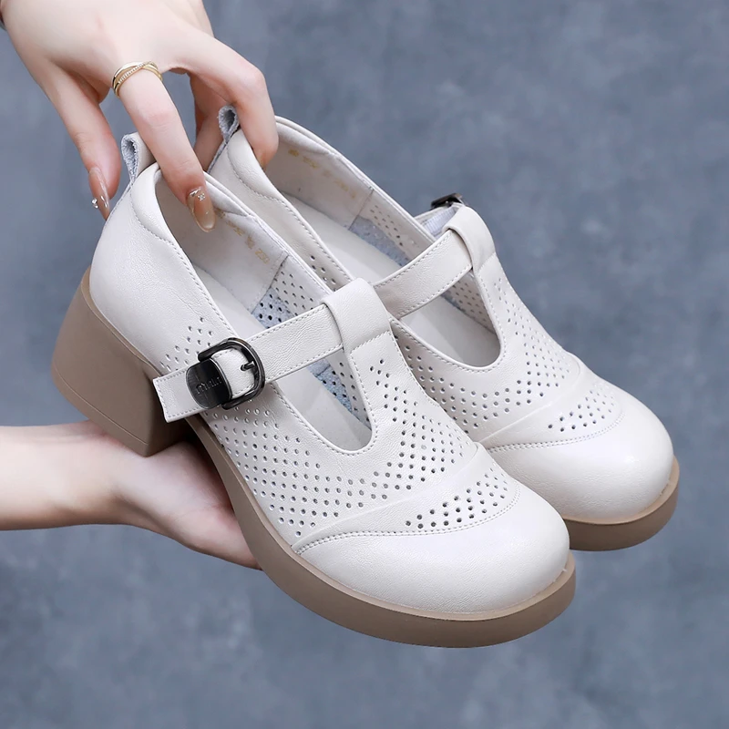 真皮镂空玛丽珍女鞋夏季粗跟英伦风小皮鞋大码单鞋不累脚软底凉鞋