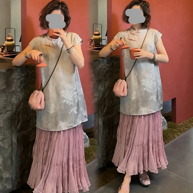 新中式改良斜襟盘扣上衣2026夏季新款显瘦百搭木耳边半身裙套装潮