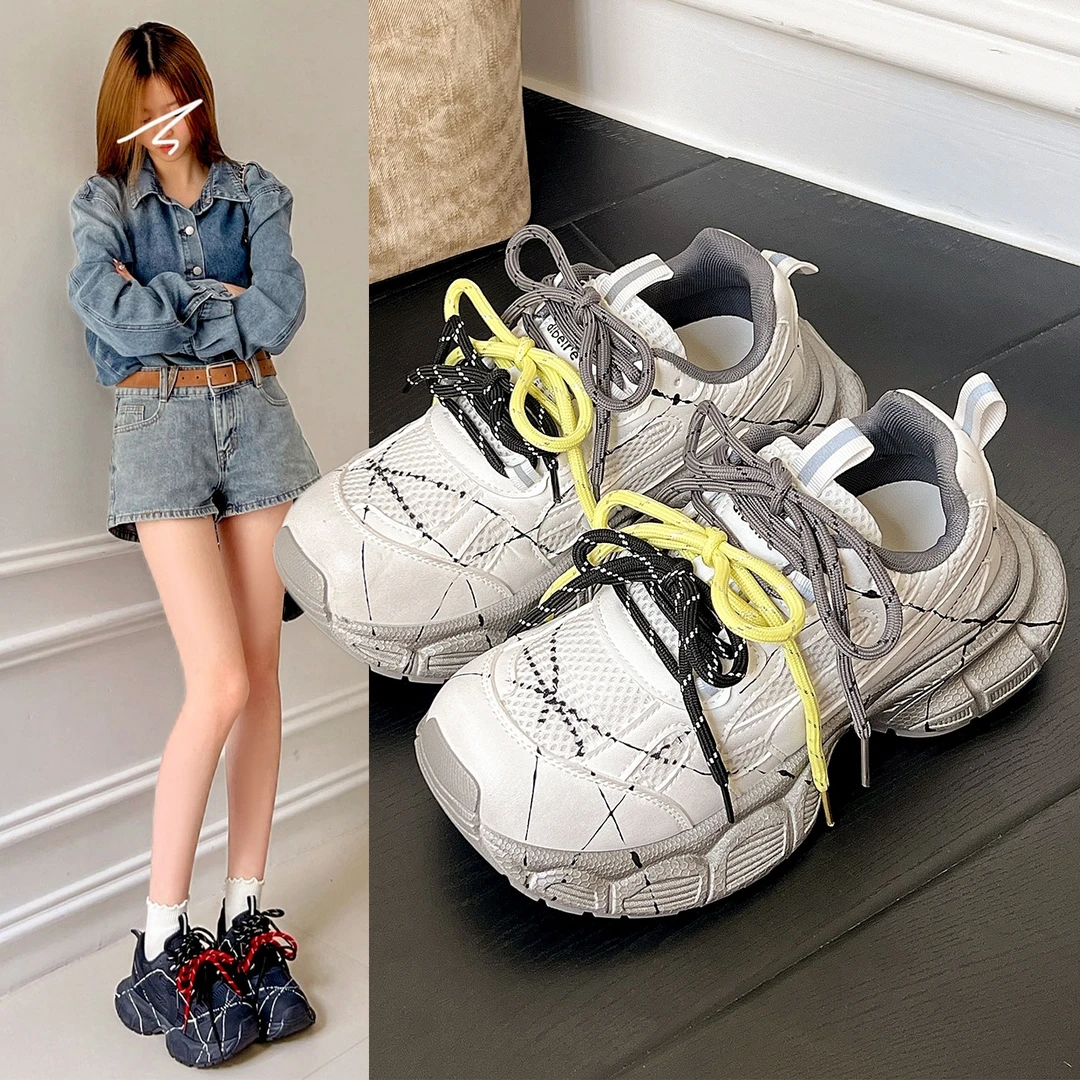 厚底增高系带时尚老爹鞋女2025新款百搭透气休闲运动鞋潮鞋女鞋