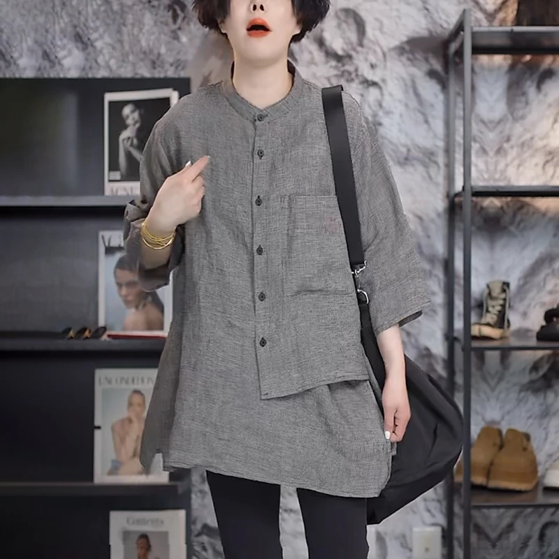 亚麻立领衬衫女士夏季2025洋气减龄宽松显瘦设计感不规则格子上衣