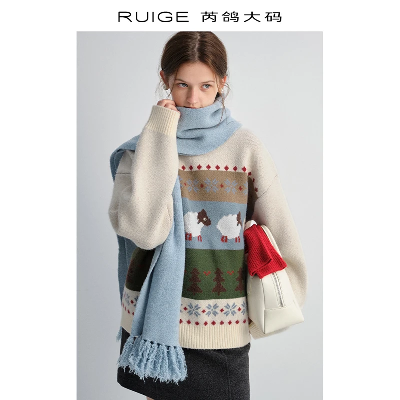 芮鸽微胖软糯亲肤北极绒纱线可爱绵羊提花毛衣女装针织打底衫上衣