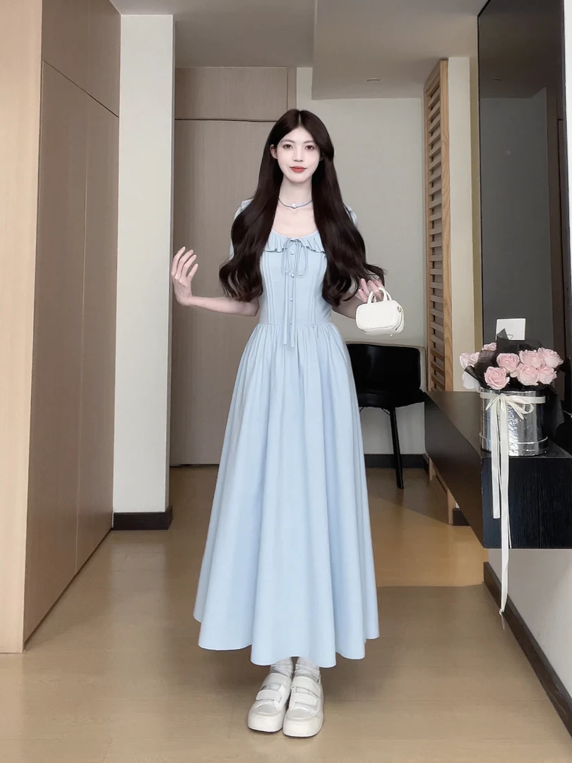 松本丧丧法式U领气质长裙夏季欧诺风气质短袖A字连衣裙B252Q1353