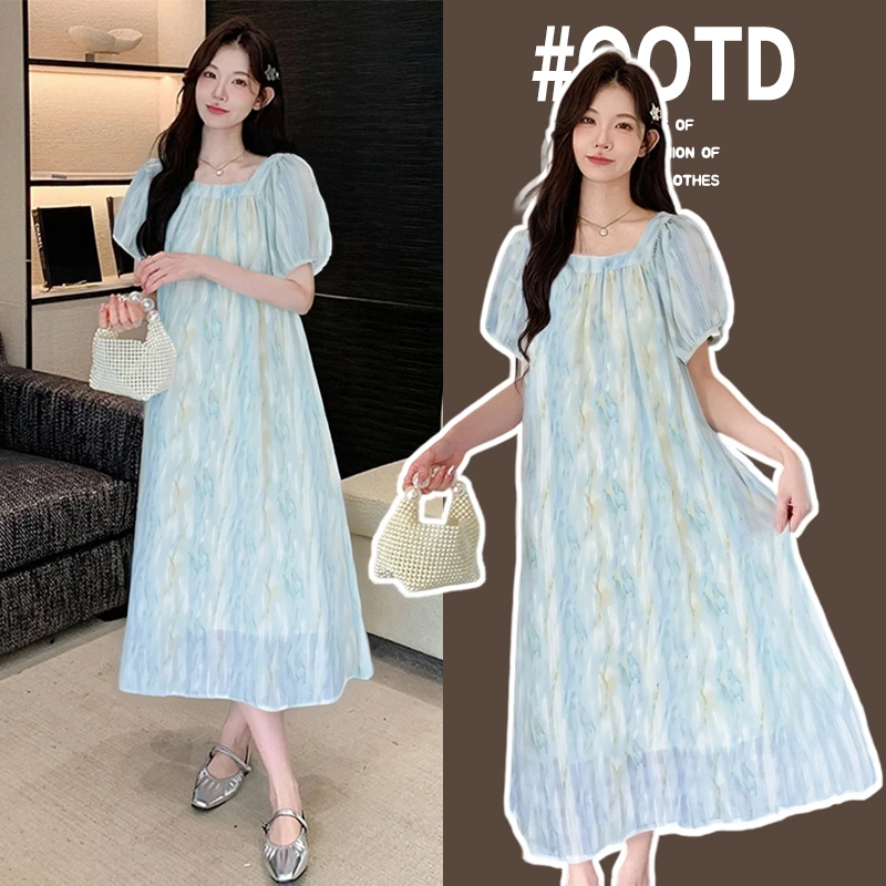 孕妇装2025中长款连衣裙夏季新款裙薄荷曼波扎染裙子宽松外穿休闲