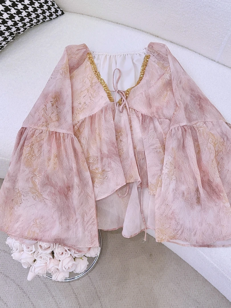 琳心丨春夏新款蕾丝碎花大口袖V领衬衫 JMZ4501