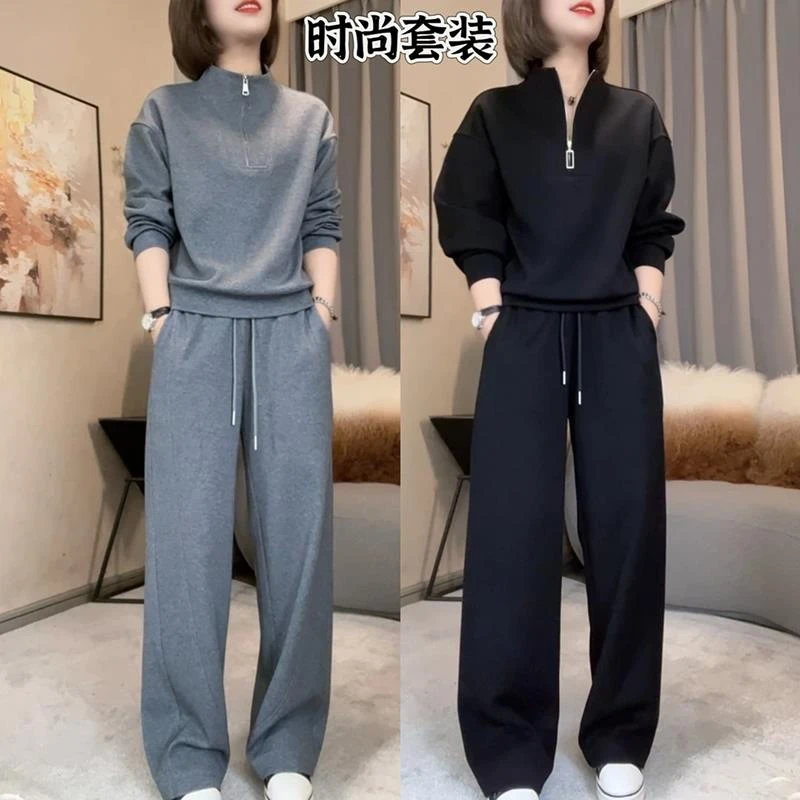 时尚秋冬运动套装2025春季纯色简约百搭休闲显瘦卫衣长裤两件套女