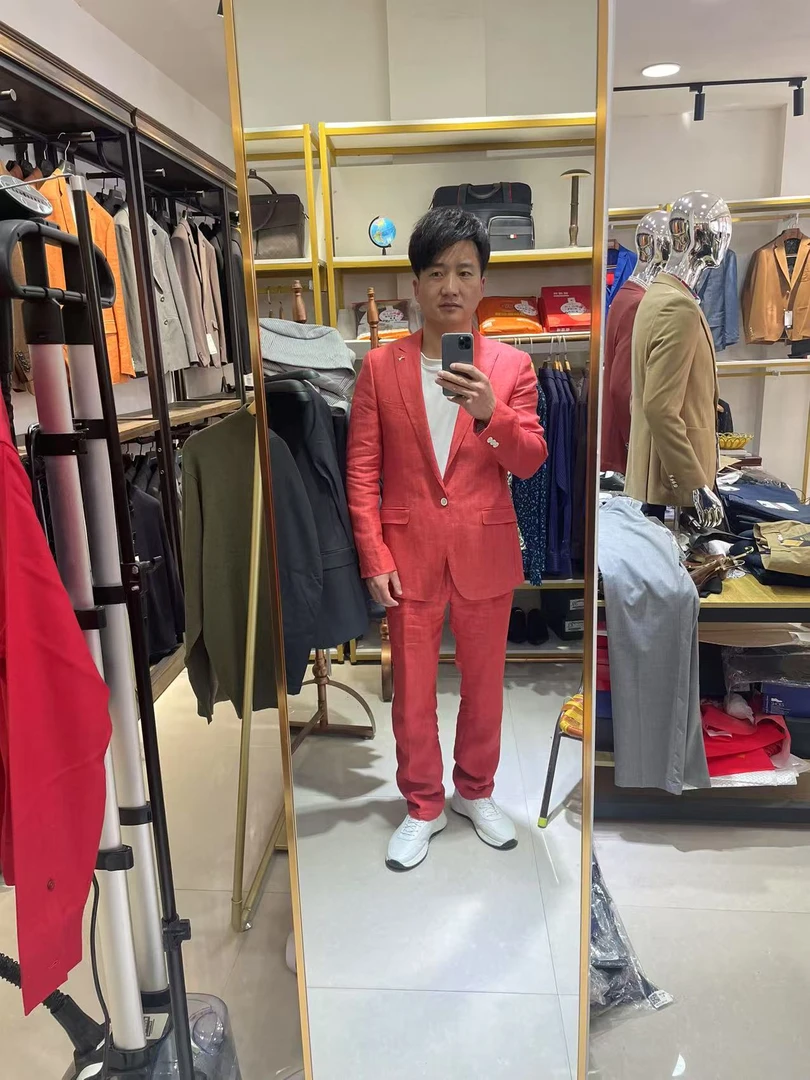 意大利面料100%亚麻男士春秋时尚休闲便西套装