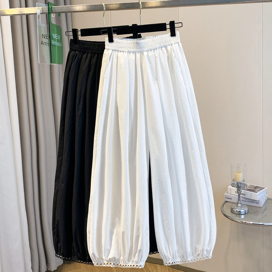 2025夏季新款韩系宽松镂空花边阔腿灯笼裤高腰休闲花苞气球裤